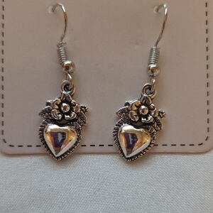 Floral Heart Silver Dangle Earrings